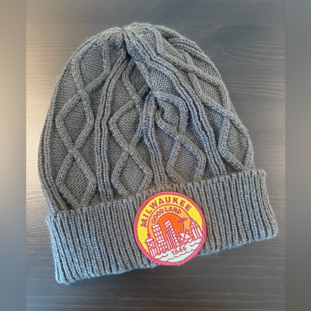 Gray Cable Knit Beanie with Milwaukee Patch